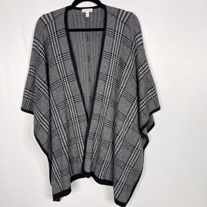 Soft Joie Black Gray Glen Plaid Wool Poncho Wrap Sweater One Size OS Shrug